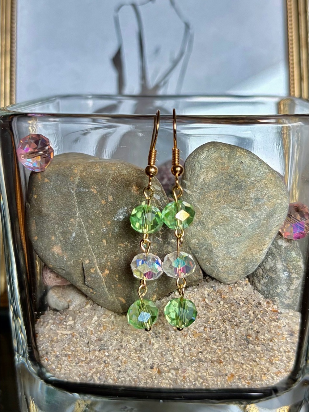 Gold-Tone Dangle Earrings with Light Green and Iridescent Beads
